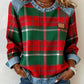 Sweatshirt casual de mulher de gola redonda em ganga com estampa xadrez e patchwork