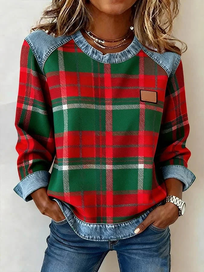 Sweatshirt casual de mulher de gola redonda em ganga com estampa xadrez e patchwork