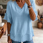 Blusa casual de linho misto com manga curta e bainha desfiada