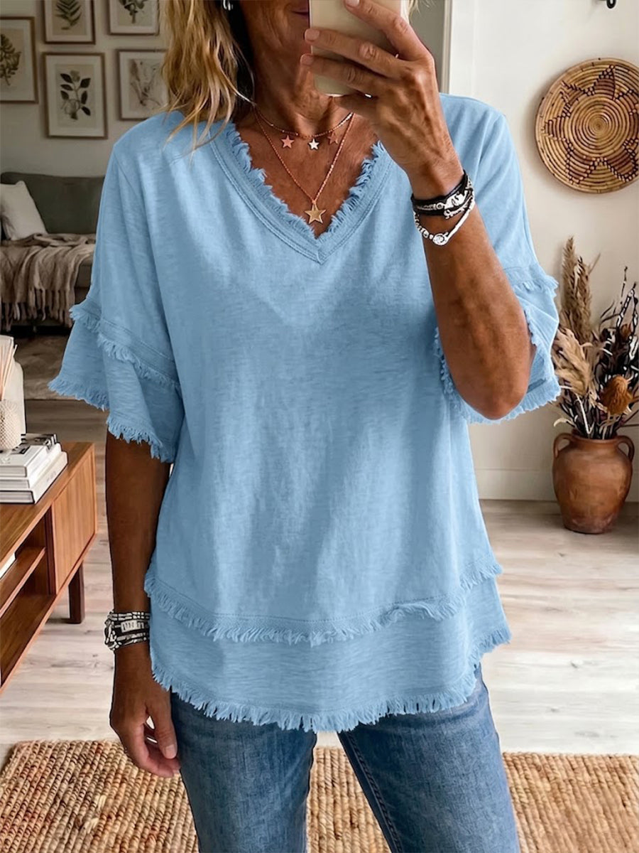 Blusa casual de linho misto com manga curta e bainha desfiada