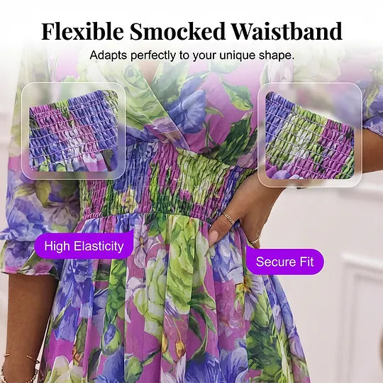 Vestido de menina evasé com decote em V, folho na base e estampado floral