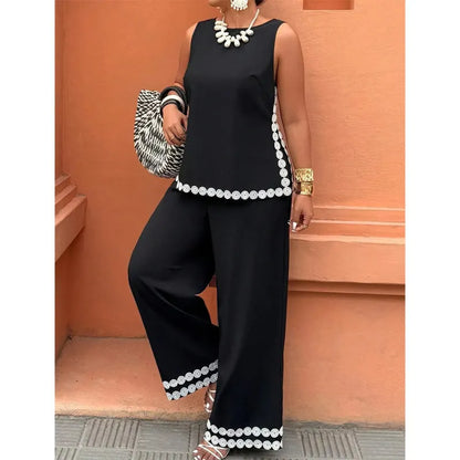 ✨ Conjunto de blusa sem mangas e calças pantalona para menina – Detalhes em renda, corte fluído, conjunto de duas peças