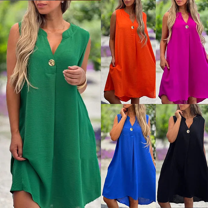 [S-2XL] 💖Vestido liso sem mangas com decote em V e botões decorativos