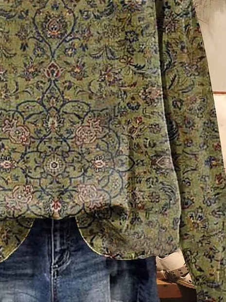 Sweatshirt casual de primavera e outono para mulher com estampado floral e gola redonda e manga comprida