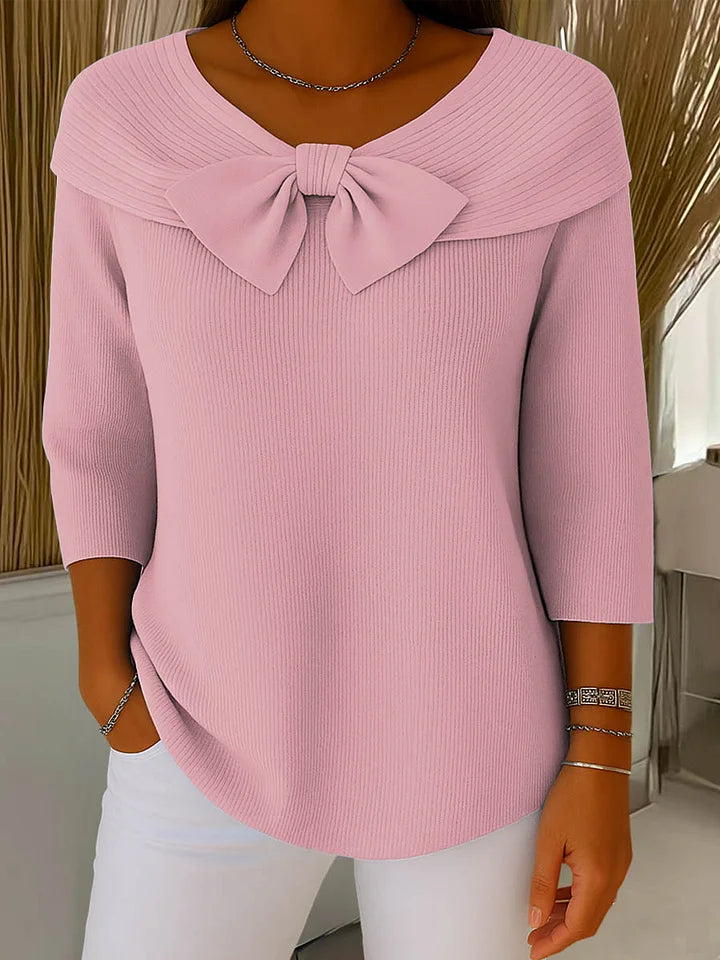 Camisola de malha de cor sólida para mulher com gola redonda, mangas 3/4 e gravata borboleta, adequada para uso diário