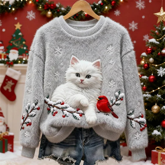 Camisola de flanela de Natal com estampa de gato e pássaro