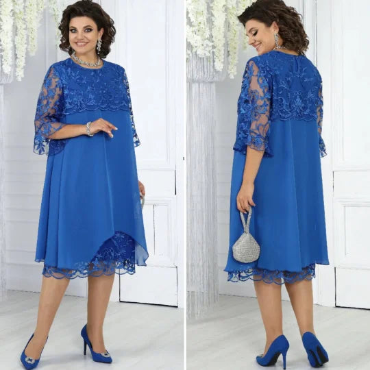 Vestido de mulher em chiffon bordado com retalhos e gola redonda