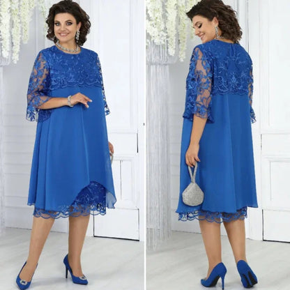 Vestido de mulher em chiffon bordado com retalhos e gola redonda