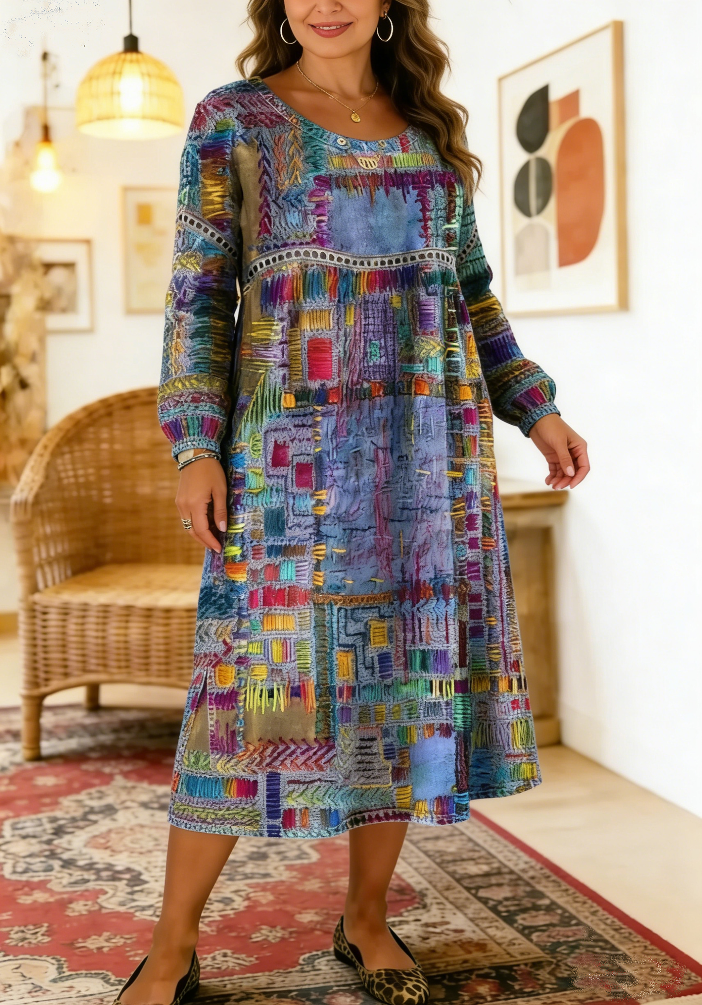 Vestido de mulher em algodão com detalhes em renda