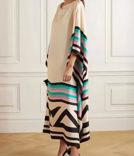 Vestido irregular com estampado retro listrado e patchwork