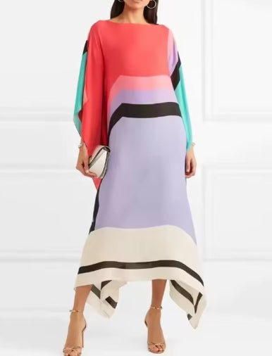 Vestido irregular com estampado retro listrado e patchwork