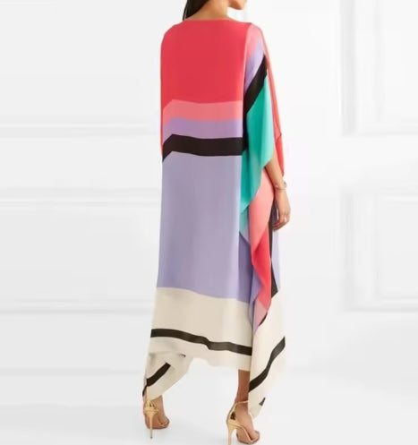 Vestido irregular com estampado retro listrado e patchwork