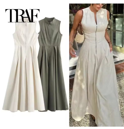 TRAF Vestido comprido sem mangas com fecho