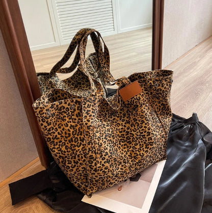 Bolsa com padrão leopardo, bolsa de ombro em lona vintage, bolsa de mão grande e moderna