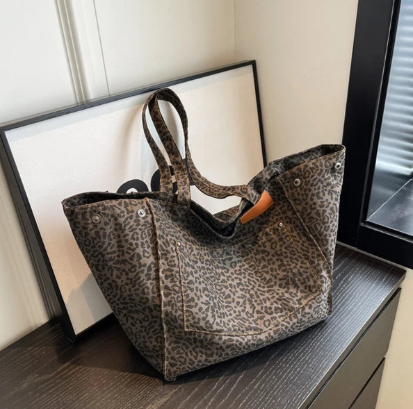 Bolsa com padrão leopardo, bolsa de ombro em lona vintage, bolsa de mão grande e moderna