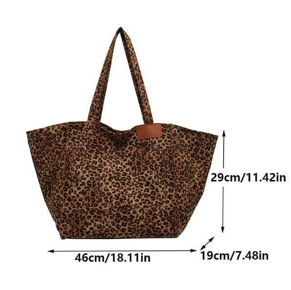 Bolsa com padrão leopardo, bolsa de ombro em lona vintage, bolsa de mão grande e moderna