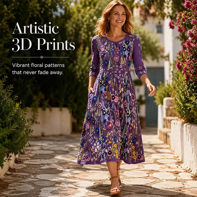 ✨🌺Vestido midi para mulher com estampado floral, mangas 3/4 e bolsos