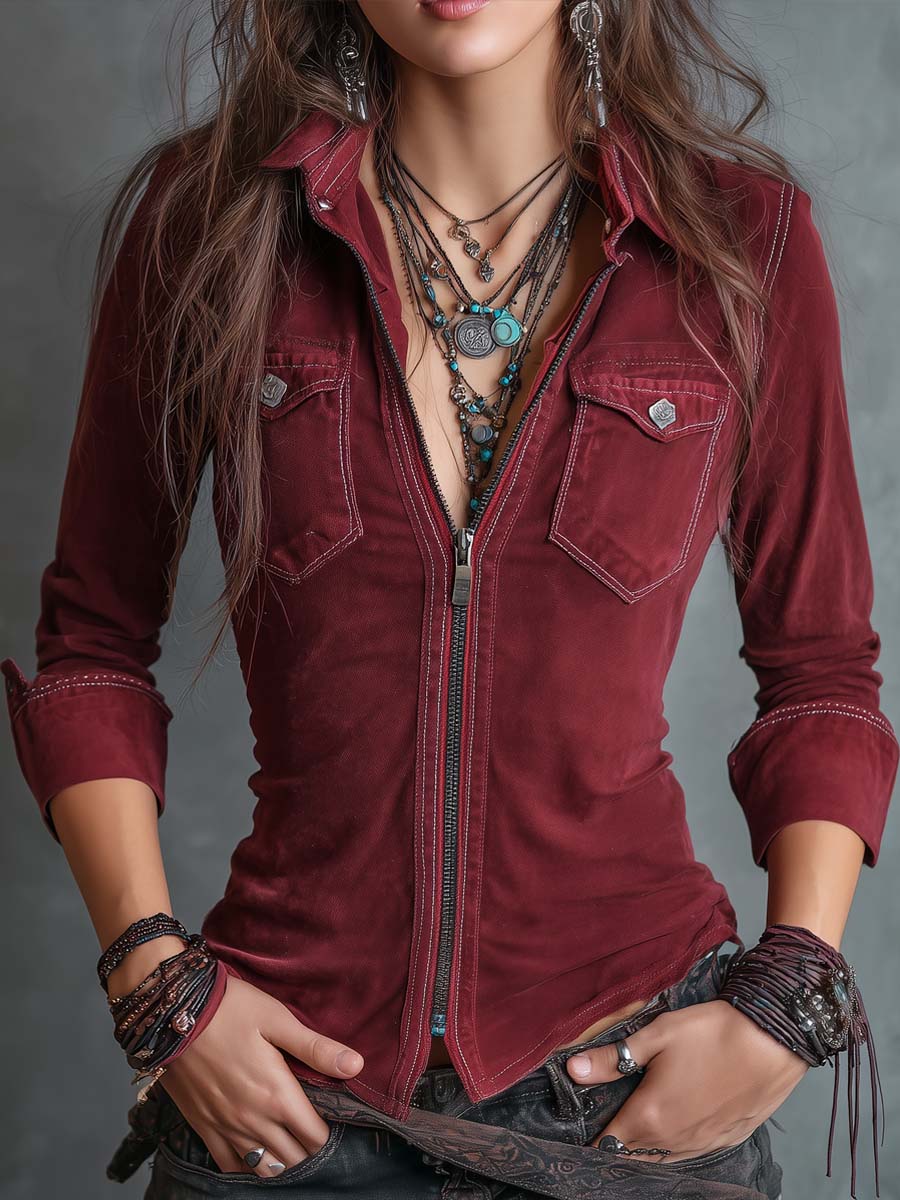 Camisola vintage de ganga com fecho, gola e bolsos, com efeito desgastado