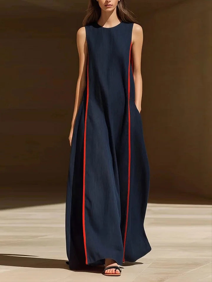 Vestido casual de mulher, em algodão e linho, sem mangas, com gola redonda