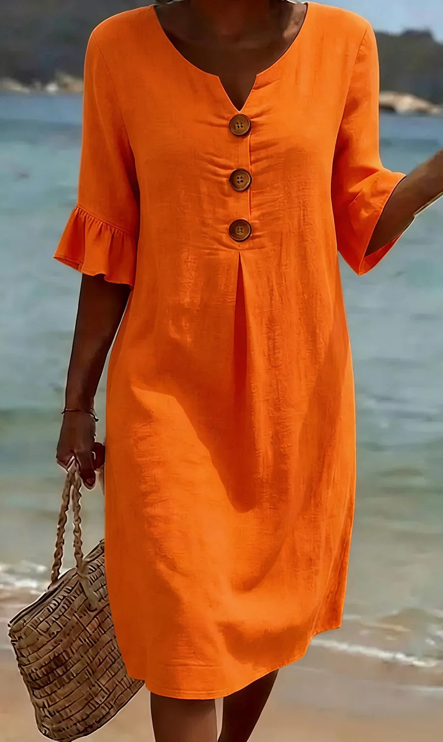 Vestido de senhora em algodão e linho, modelo 2026