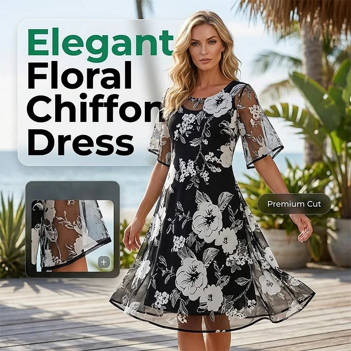 【Tamanhos S-3XL】🌸Vestido elegante de chiffon para mulher com estampado floral