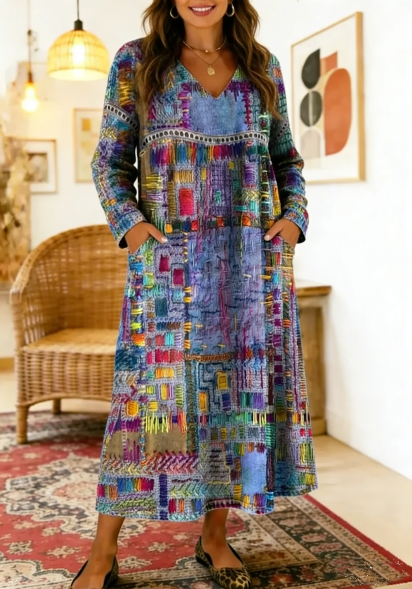 Vestido de mulher em algodão com detalhes em renda