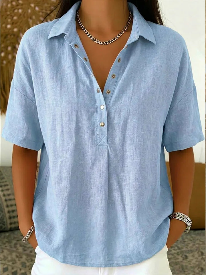 Camisa casual de manga curta em mistura de linho e algodão.
