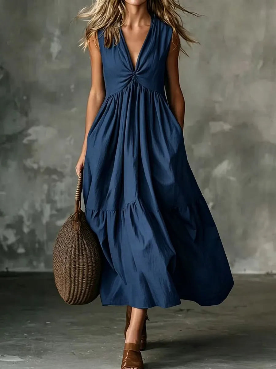 ✨Novidade – Vestido feminino com decote em V, pregas e bolsos – leve e arejado, perfeito para passeios na praia.