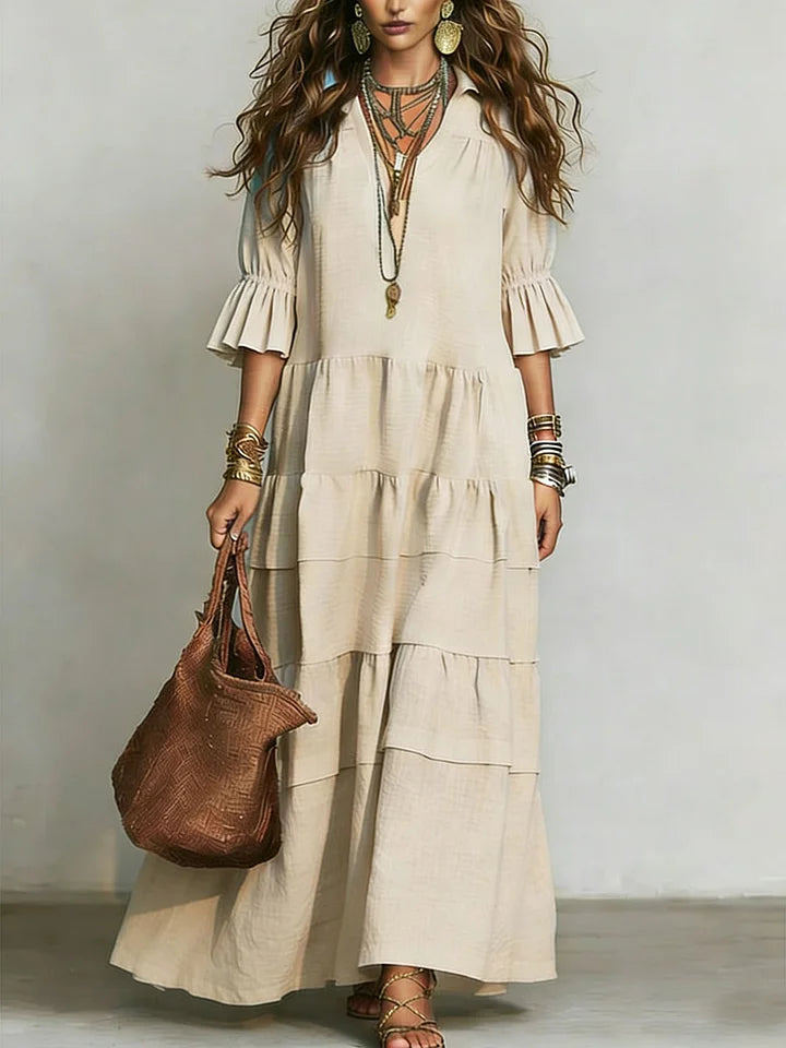 Vestido casual largo em linho e algodão com mangas curtas