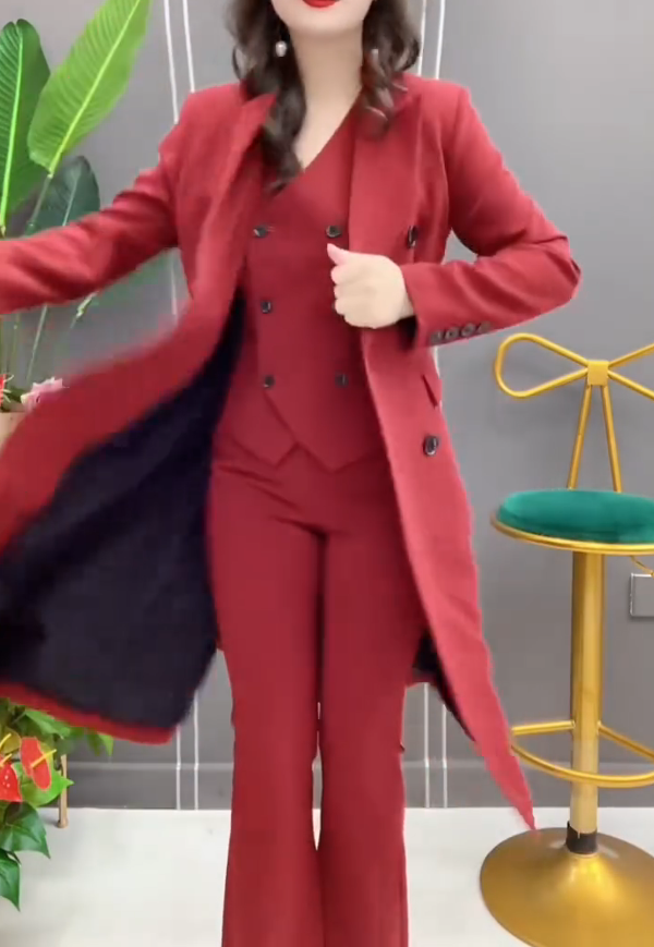 Conjunto de roupa de trabalho de três peças para mulher: colete + calças + casaco