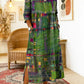 Vestido de mulher em algodão com estampado étnico e patchwork, com acabamento em renda.