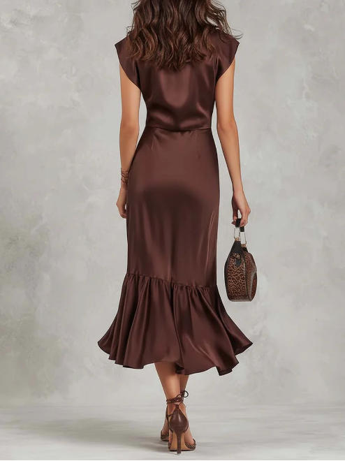 Vestido midi elegante vintage drapeado em cetim