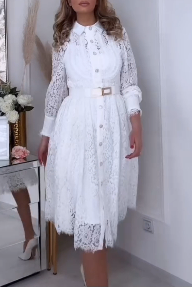 Vestido feminino elegante de renda de cor sólida com mangas compridas