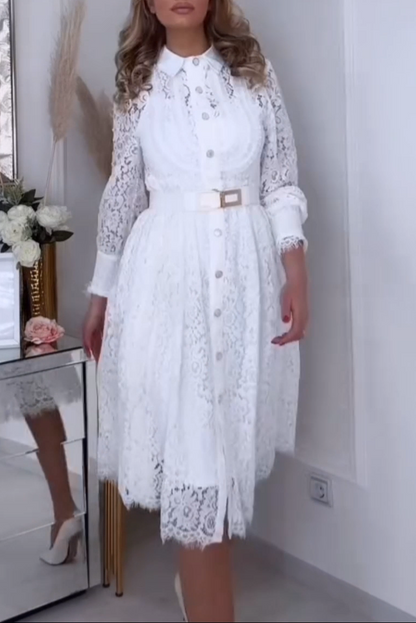 Vestido feminino elegante de renda de cor sólida com mangas compridas