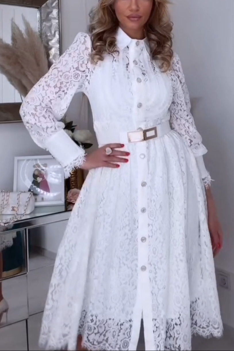 Vestido feminino elegante de renda de cor sólida com mangas compridas