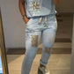 Conjunto casual de blusa e calças para menina com decote em V e estampado dourado