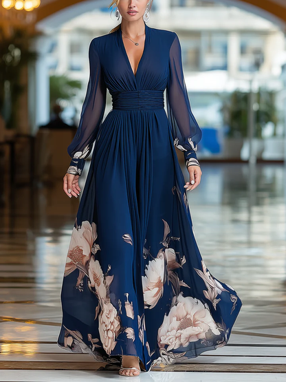 Vestido comprido floral plissado azul marinho com decote em V, mangas em tule e
