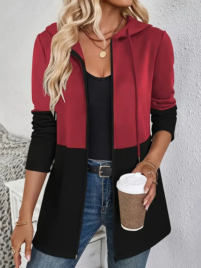 Sweatshirt com capuz casual para mulher com blocos de cor - Tecido elástico leve
