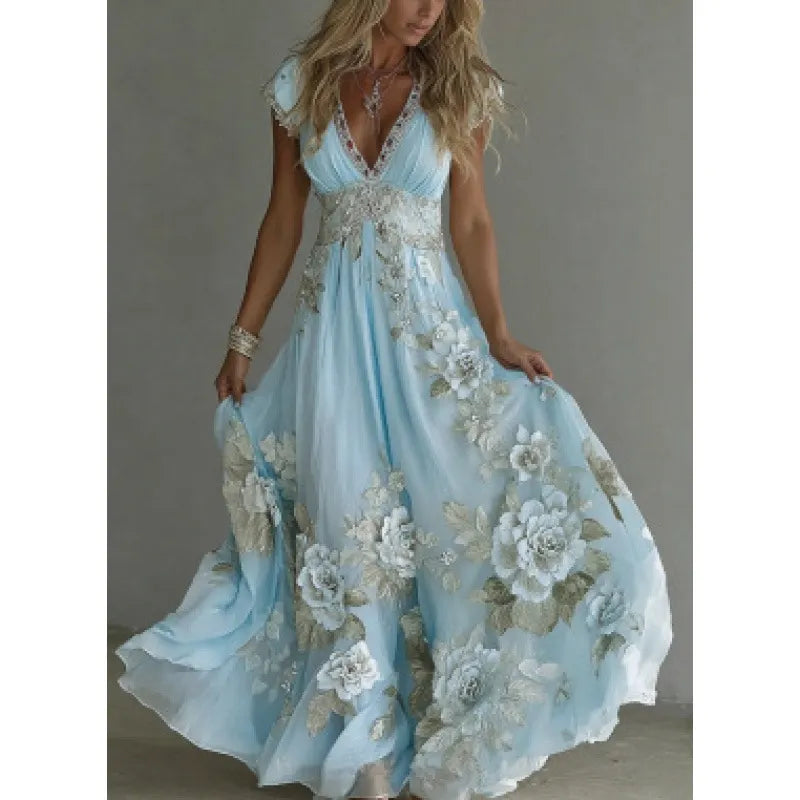 Elegante vestido de chiffon para mulher com renda bordada e decote em V profundo.