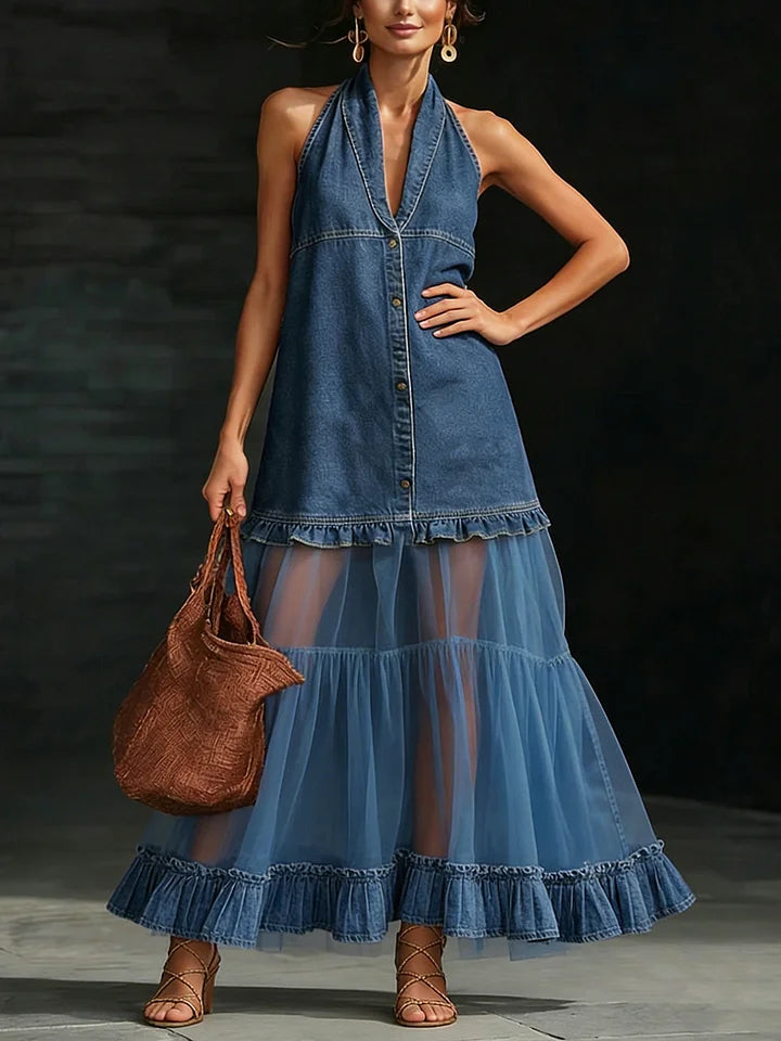 Vestido comprido elegante e elegante em ganga com painéis de organza