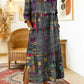 Vestido de mulher em algodão com estampado étnico e patchwork, com acabamento em renda.