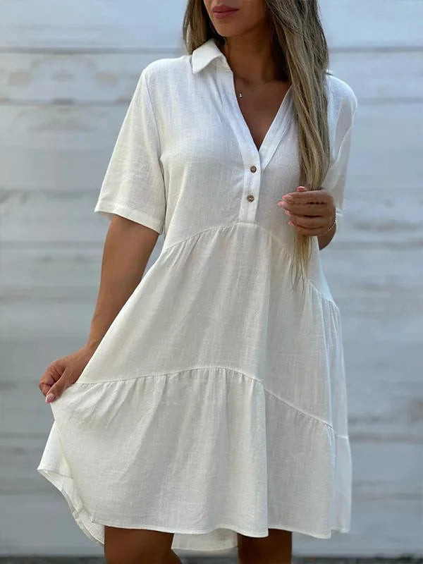 Vestido de menina solto, simples e casual, de manga curta, feito de algodão e linho