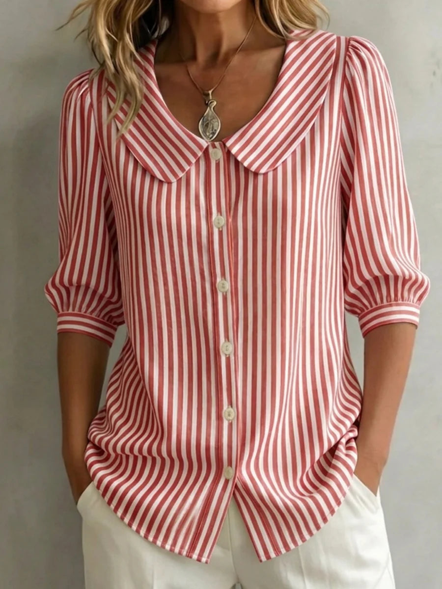 🔥 Camisa de senhora retro às riscas em algodão e linho com gola Peter Pan