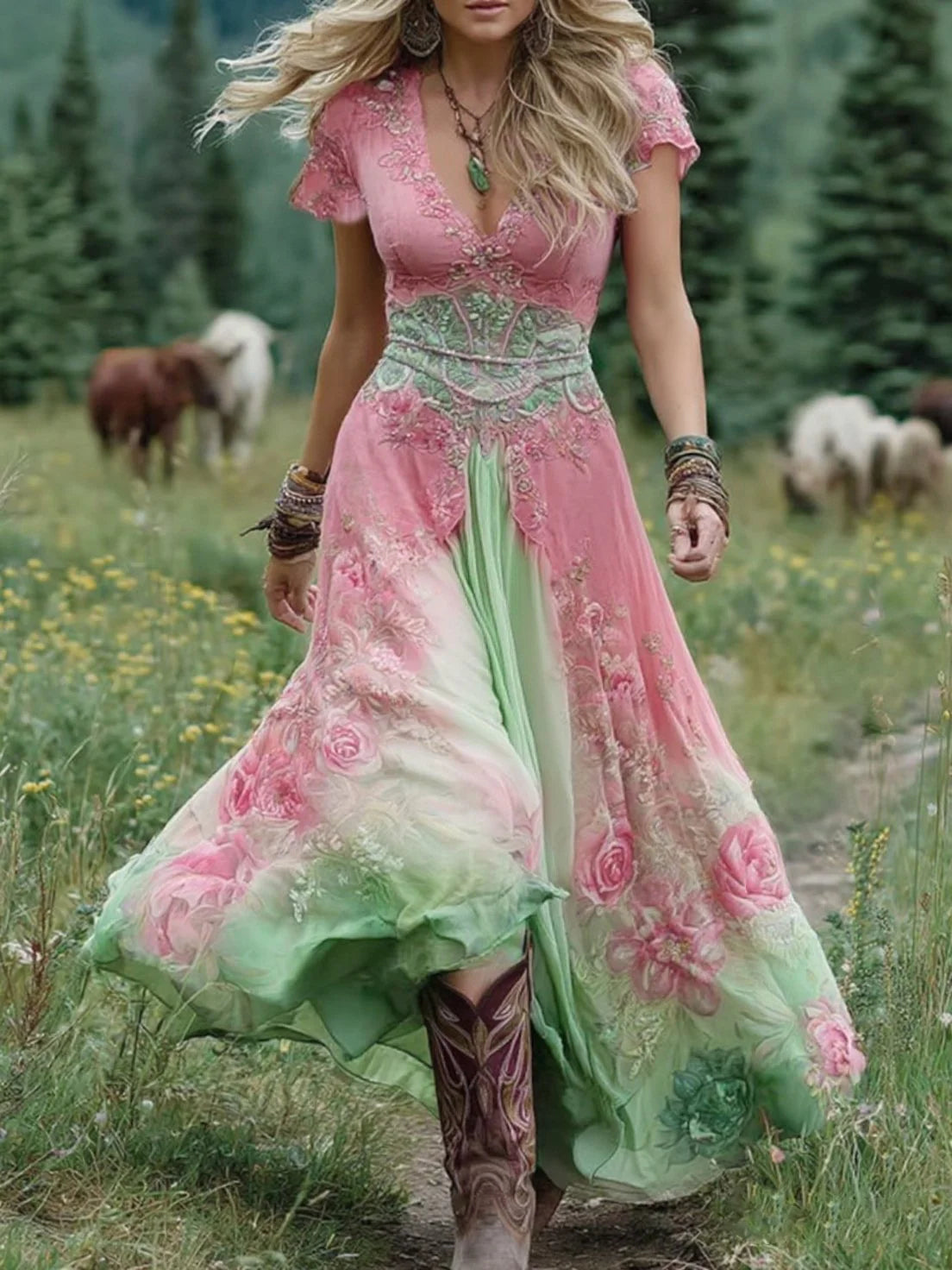 Vestido comprido elegante com estampado floral