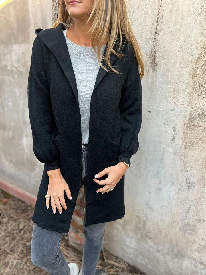 Cardigan comprido casual com bolsos e capuz
