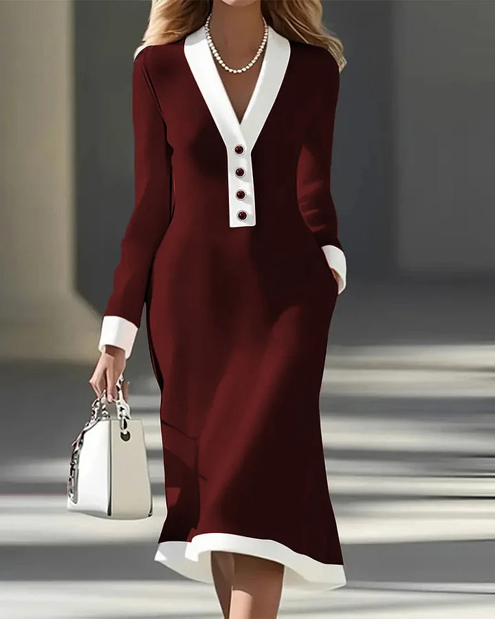 Vestido elegante de manga comprida em contraste