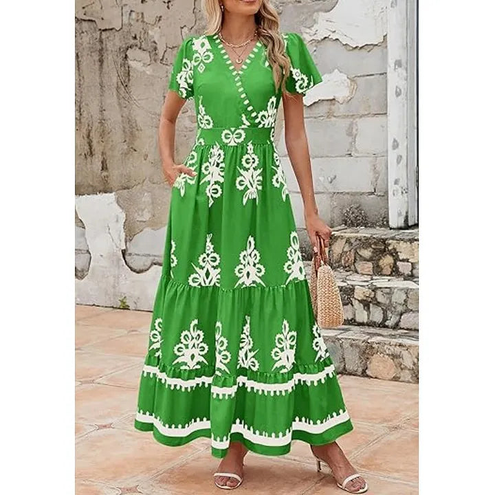 Vestido comprido casual estilo boho com decote em V