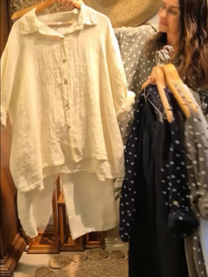 Conjunto casual de duas peças em linho e algodão com estampado de bolinhas