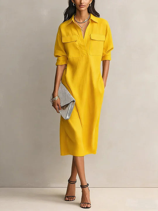 Vestido casual em algodão e linho, de cor sólida, manga comprida e corte largo