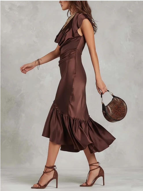 Vestido midi elegante vintage drapeado em cetim